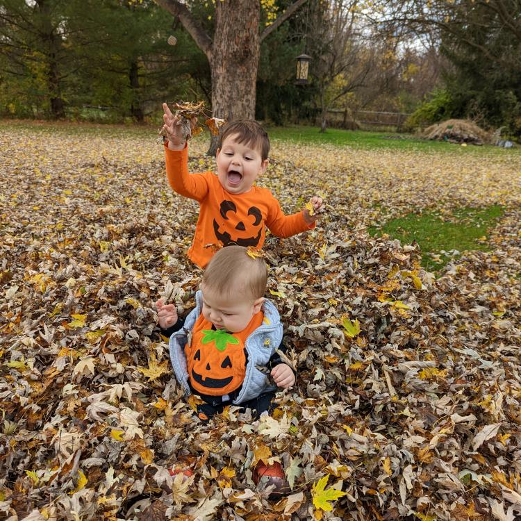 little boy tosses leaves on baby