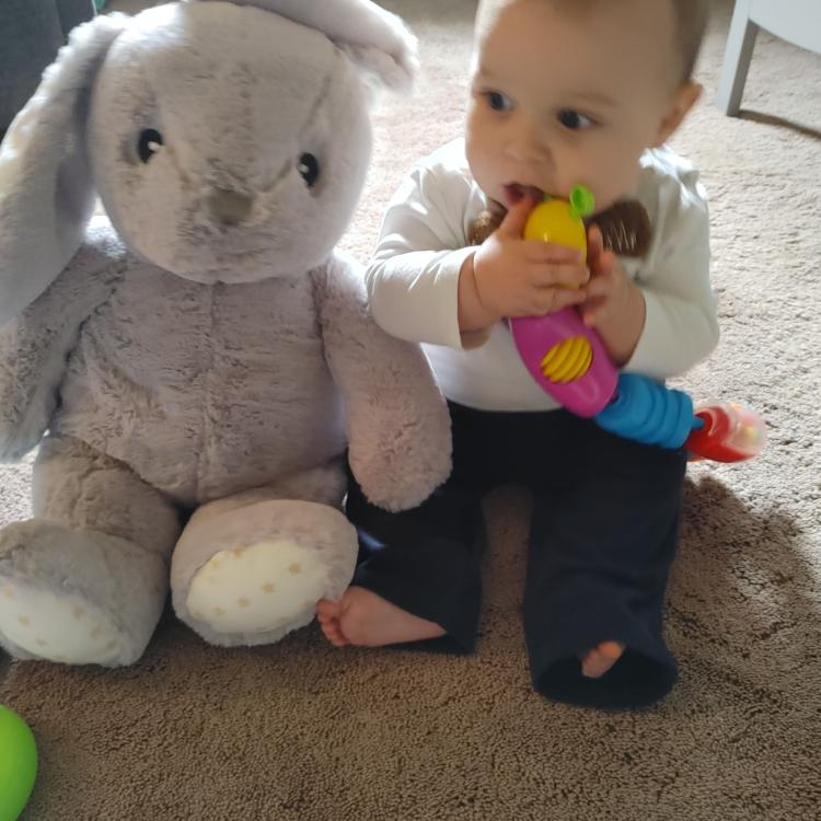 Baby sitting next to gray stuffed bunny