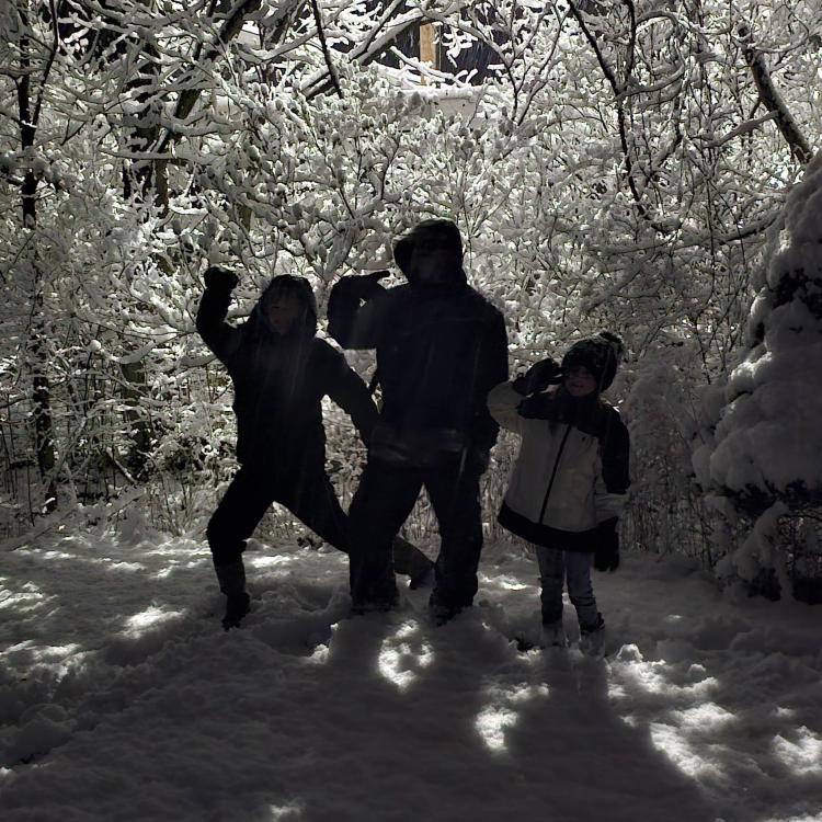 three kids in silhouette in front of snowy trees