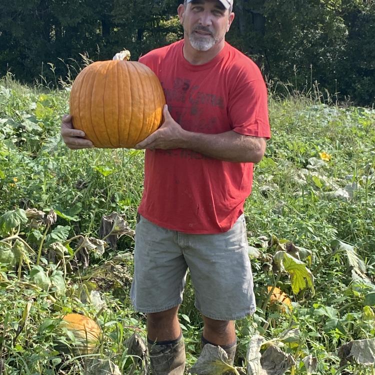 Man in pumpkin patch holding large, round pumpkin