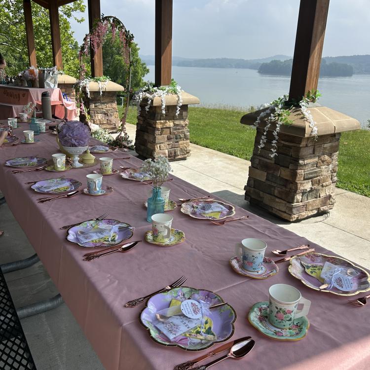 elegant tea set up on outdoor porch