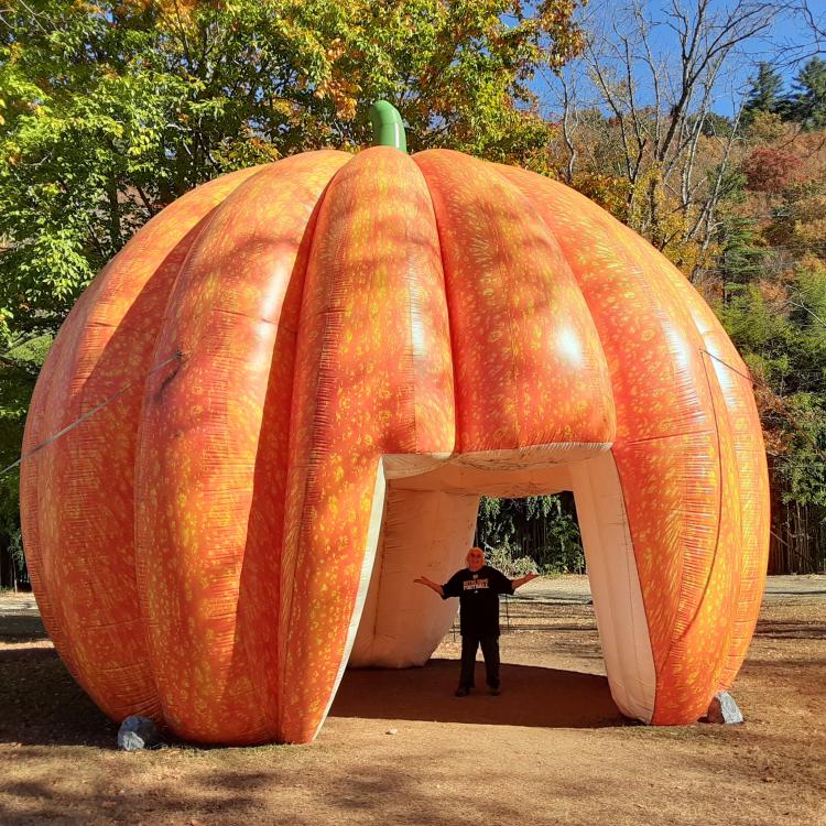 woman standing under giant pumpkin