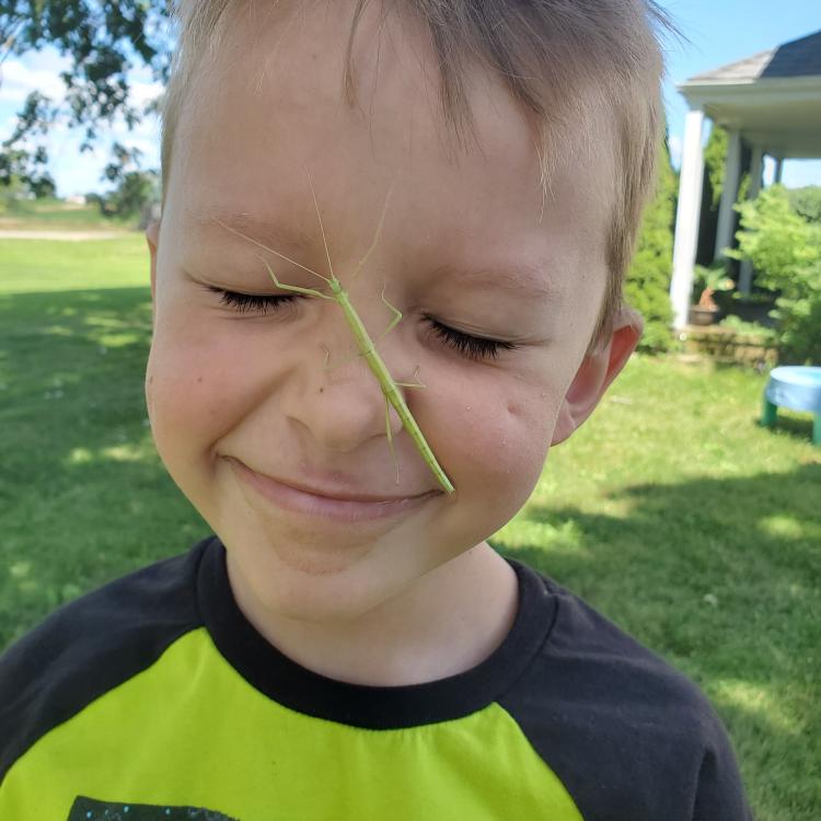 Small boy with long green bug on his smiling face