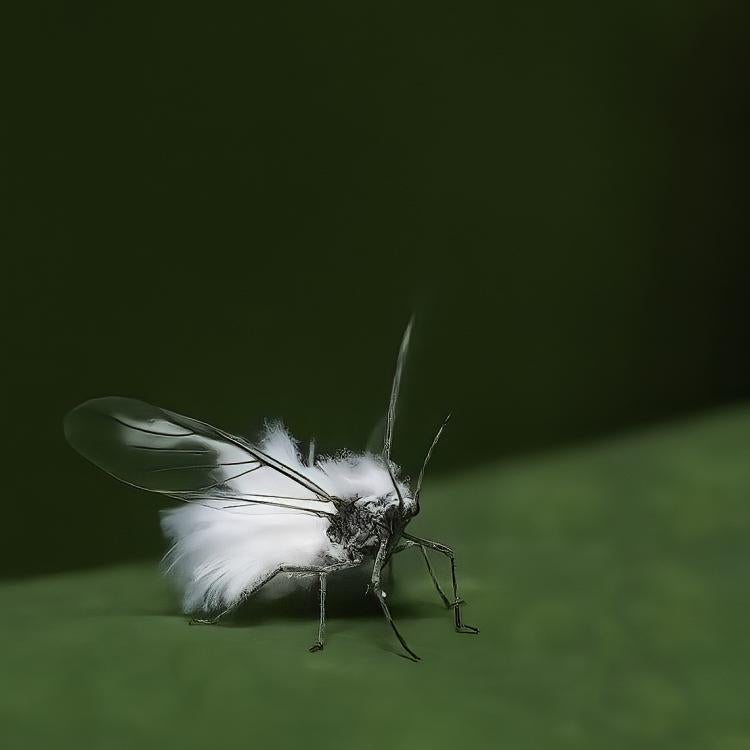 Fluffy white bug with delicate wings on leaf