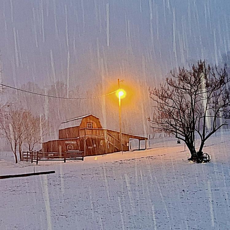 Red barn with snow falling in the foreground