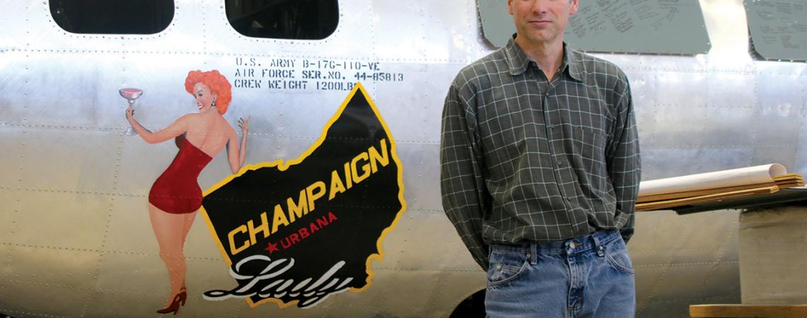 Dave Shiffer poses with Champaign Lady in the museum’s hangar.