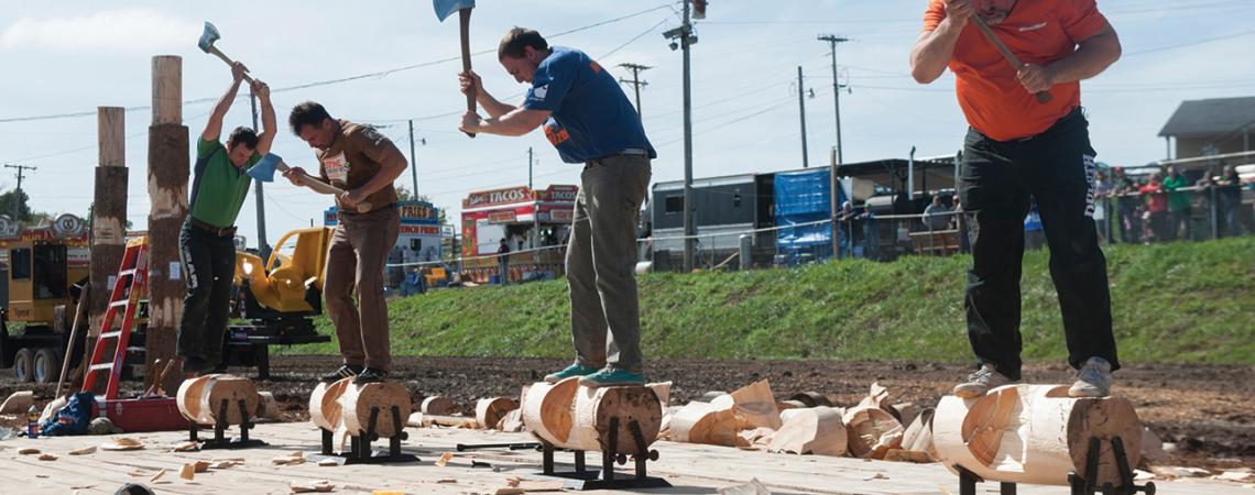 Four men swing axes while standing on wooden logs.