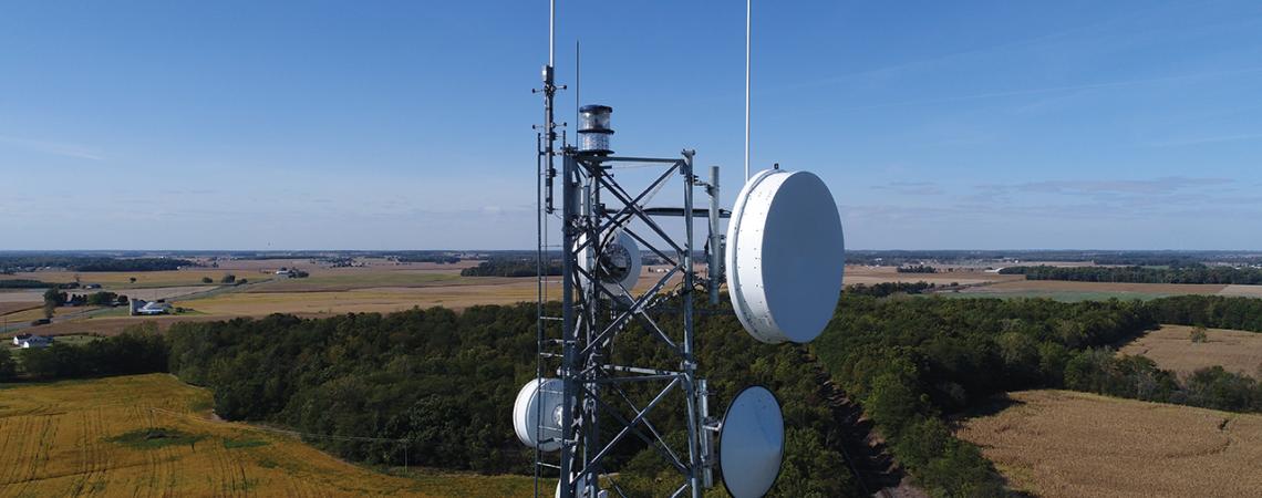 A picture of the top of the 140-foot-tall communications tower by drone.