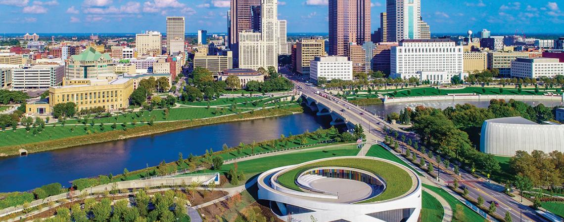 An aerial view of the city of Columbus.