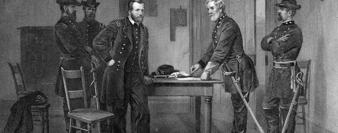 Grant vanquishing Lee at Appomattox Courthouse.