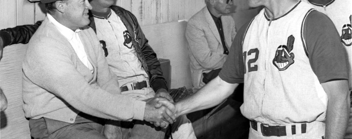 Bob Hope chats with Indians players during his time as co-owner of the team (photo courtesy of the Cleveland Guardians).