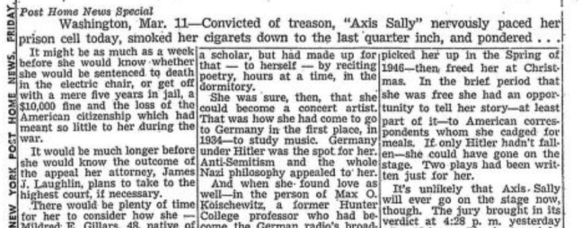 Newspaper article about Axis Sally's trial and much-anticipated sentencing. 