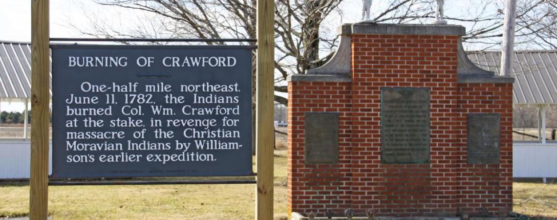 There are numerous historical markers and monuments around Ohio and Pennsylvania that tell part of the history of Col. William Crawford. This one stands near Carey, Ohio.