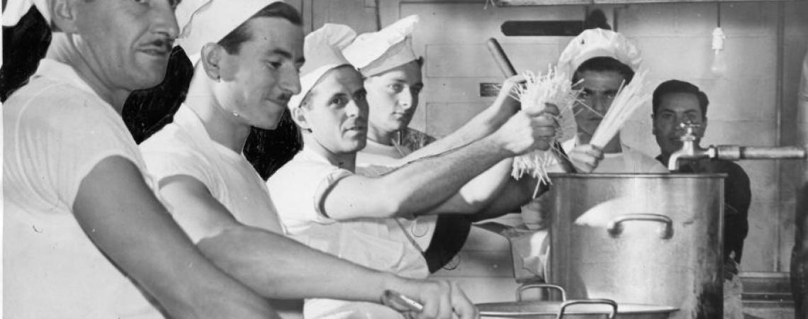 Most prisoners of war who were detained at Camp Perry in the early 1940s were put to work, including this group of Italian POWs who prepared meals in the camp kitchen.