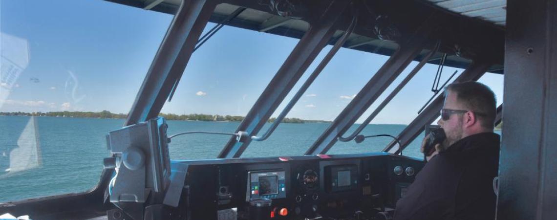 The captain of a ferry's view of the lake.