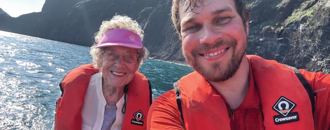 Brad and Joy Ryan on one of their excursions, cruising along the coast of the Galapagos Islands.