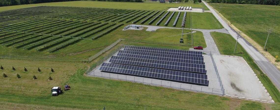 An overhead view of a field of solar arrays located in Ohio.