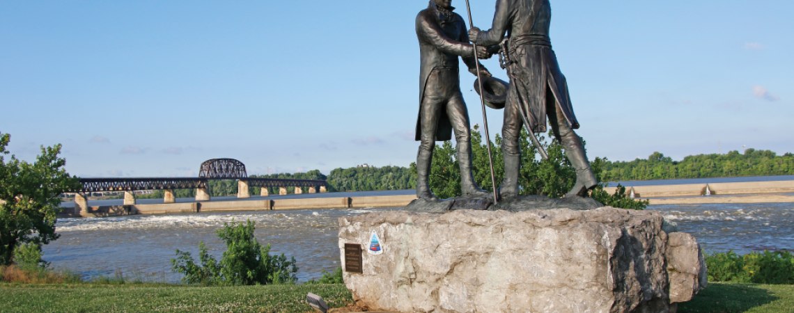 A statue of Meriweather Lewis and William Clark at Falls of the Ohio State Park in Clarksville, Indiana.