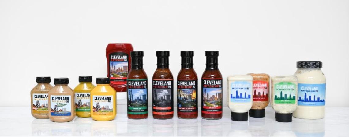 A lineup of Ohio-made ketchups, mustards, and mayonnaises. 