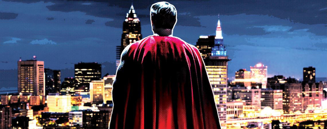 A comic drawing of Superman overlooking a city.