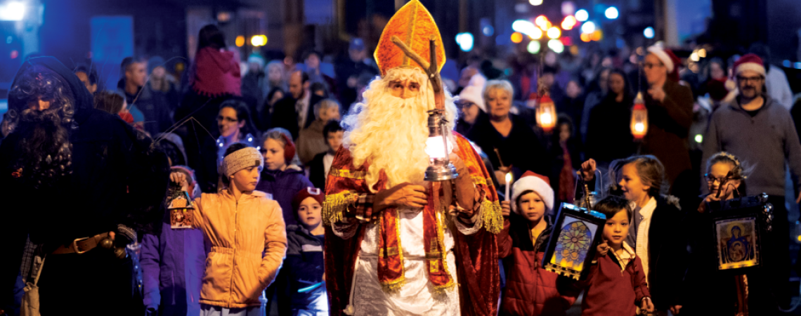 A lantern parade led by St. Nicholas through Steubenville