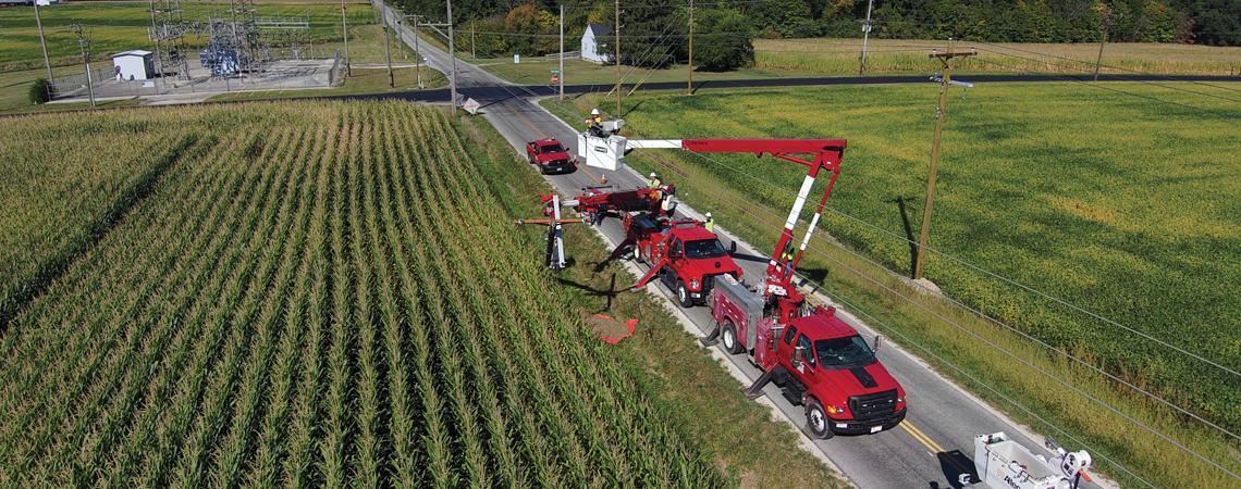 Drone picture of line worker crews