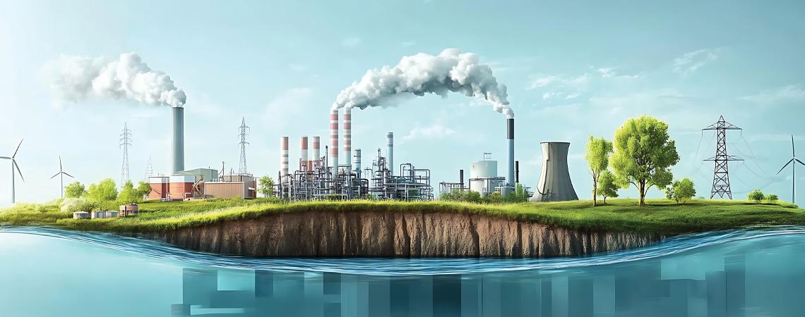 A graphic of land with various power generation sources