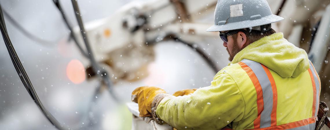 A lineworker in the cradle of a bucket truck working in the snow