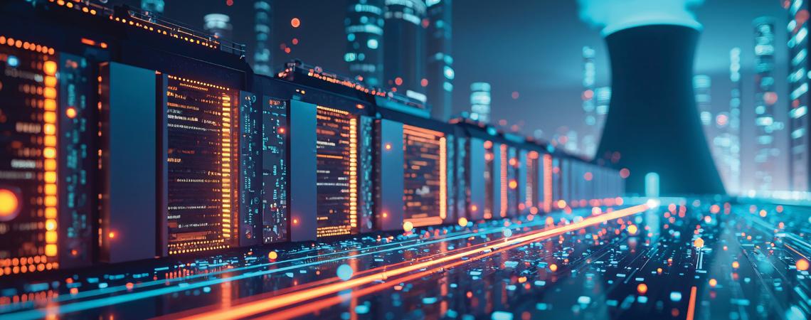 Data center animation with power plant in background