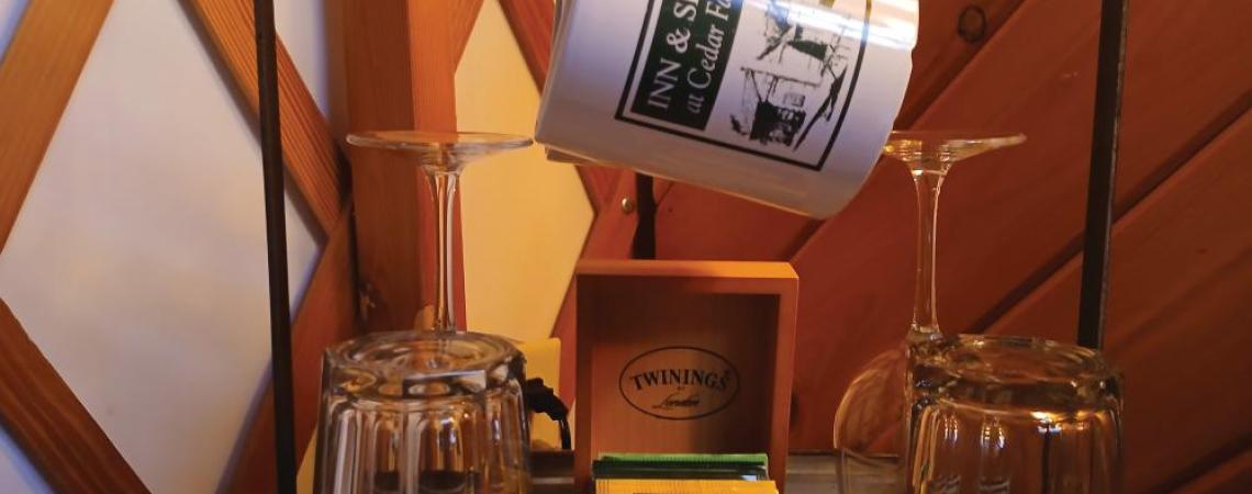 A drink station inside a yurt at the Inn and Spa at Cedar Falls