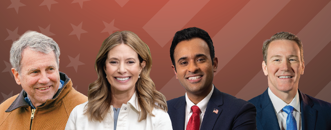 A graphic with Sherrod Brown, Amy Acton, Vivek Ramaswamy, and Jon Husteds' headshots