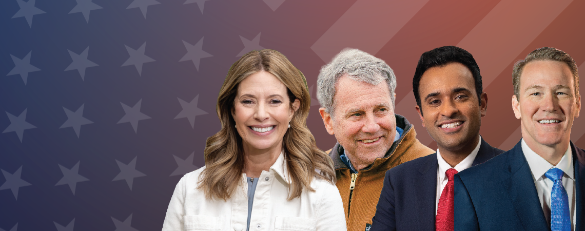 A graphic with Sherrod Brown, Amy Acton, Vivek Ramaswamy, and Jon Husteds' headshots