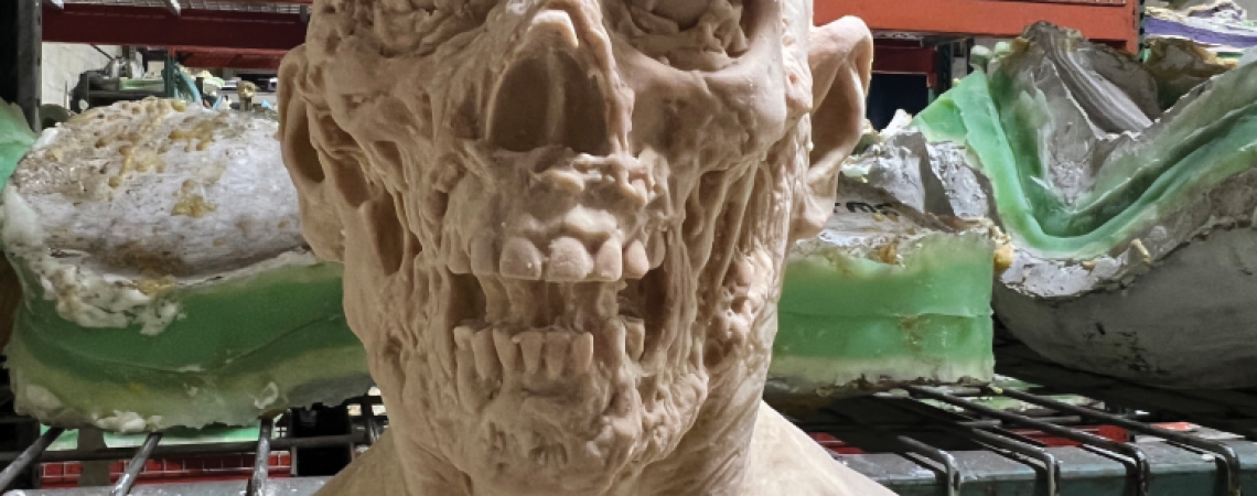 A realistic haunted-attraction sculpture
