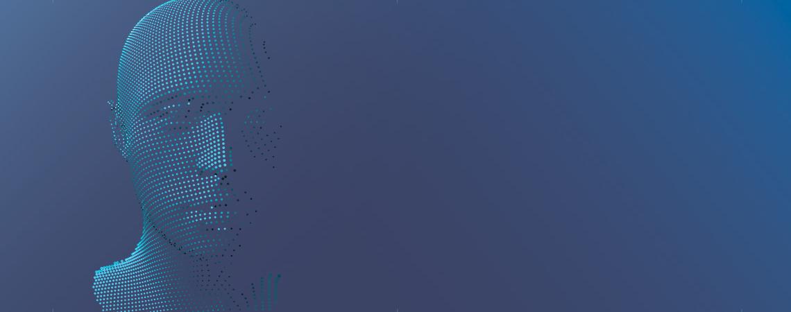 A blue background with an AI generated face