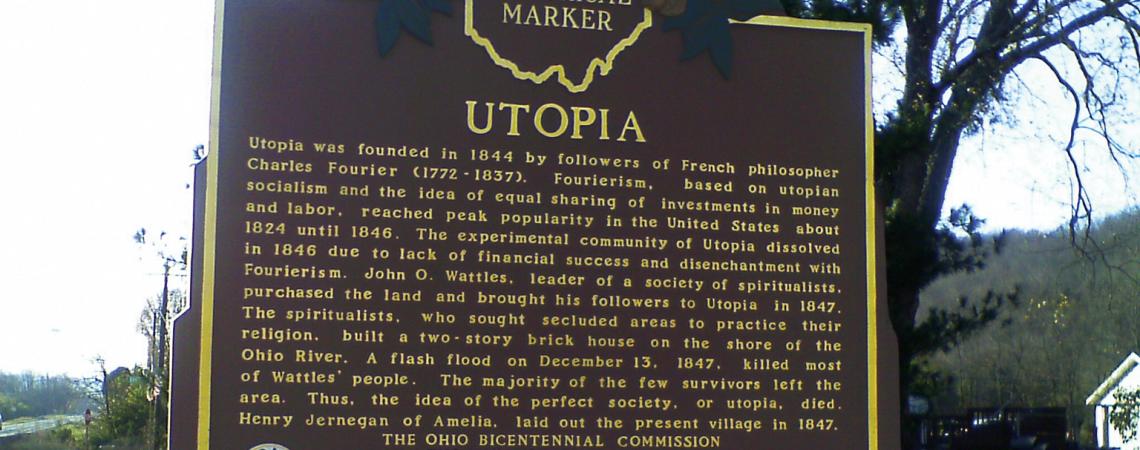 A historical marker sign for Utopia, Ohio